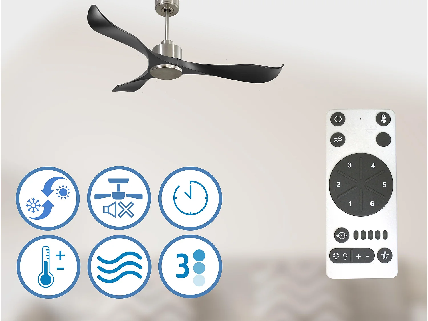 Ventilateur de plafond Réversible  Thermostat Wifi Moteur à courant continu Toits en pente Télécommande Adaptateur 2/3 Lames Hypersilence Mémoire