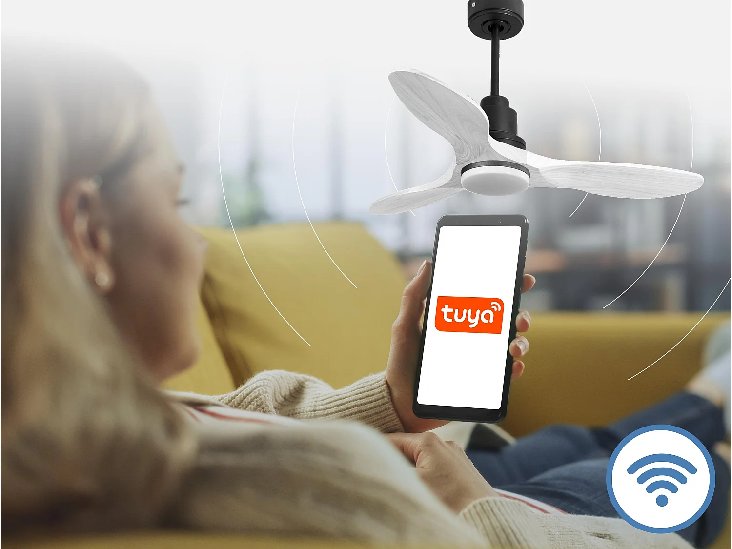 Ventilateur de plafond Réversible  Thermostat Dimmable Wifi Moteur à courant continu Toits en pente Télécommande Lumière à trois tons Hypersilence Mémoire