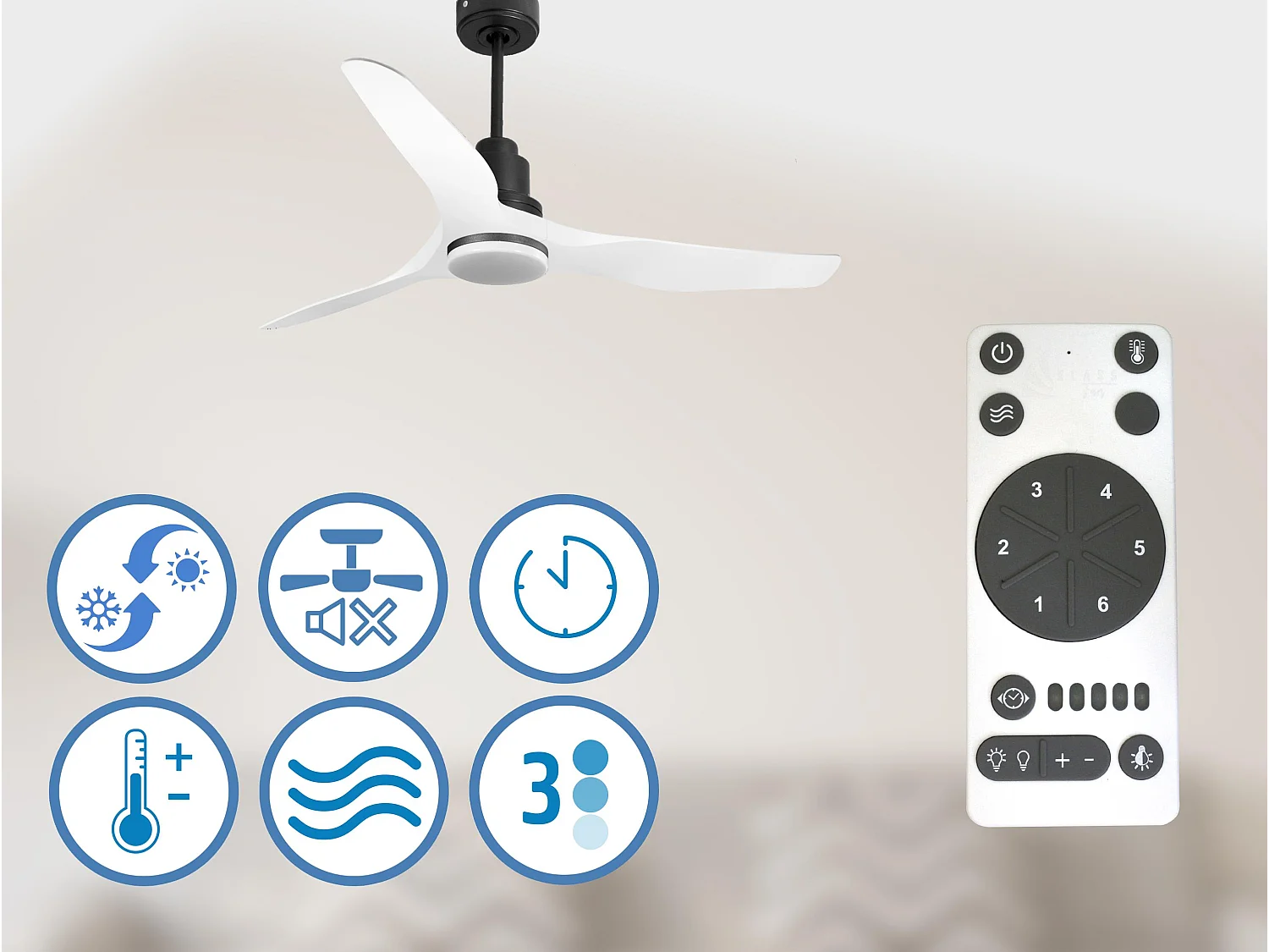 Ventilateur de plafond Réversible  Thermostat Dimmable Wifi Moteur à courant continu Toits en pente Télécommande Lumière à trois tons Adaptateur 2/3 Lames