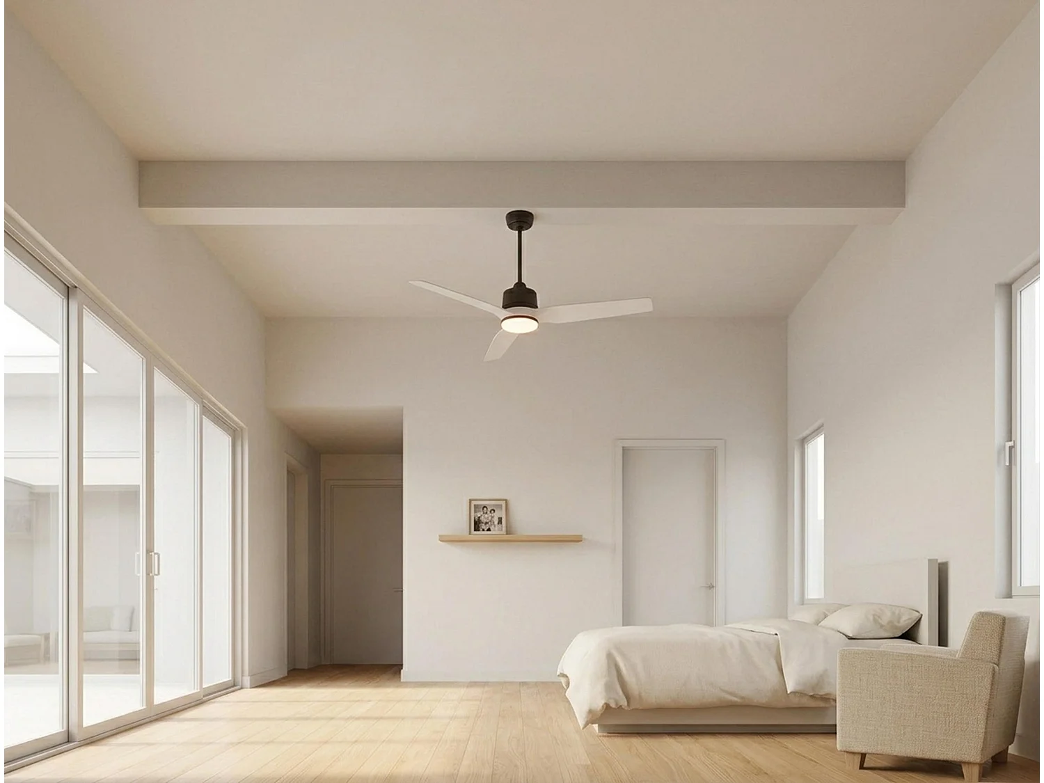 Ventilateur de plafond Réversible  Thermostat Dimmable Wifi Moteur à courant continu Toits en pente Télécommande Lumière à trois tons Adaptateur 2/3 Lames