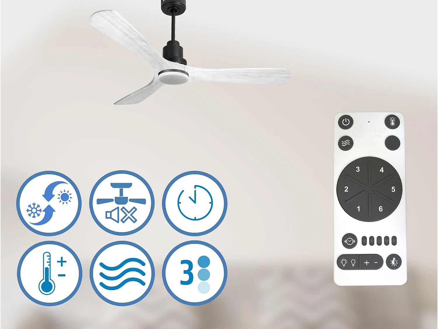 Ventilateur de plafond Réversible  Thermostat Dimmable Wifi Moteur à courant continu Toits en pente Télécommande Lumière à trois tons Hypersilence Mémoire