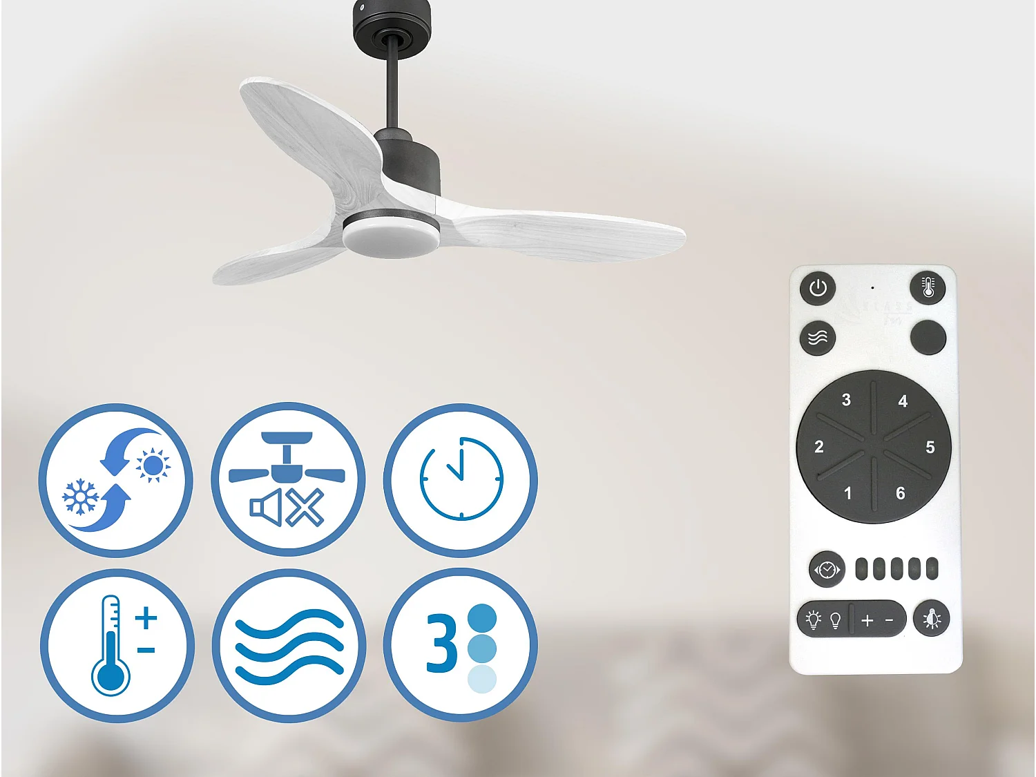 Ventilateur de plafond Réversible  Thermostat Dimmable Wifi Moteur à courant continu Toits en pente Télécommande Lumière à trois tons Hypersilence Mémoire