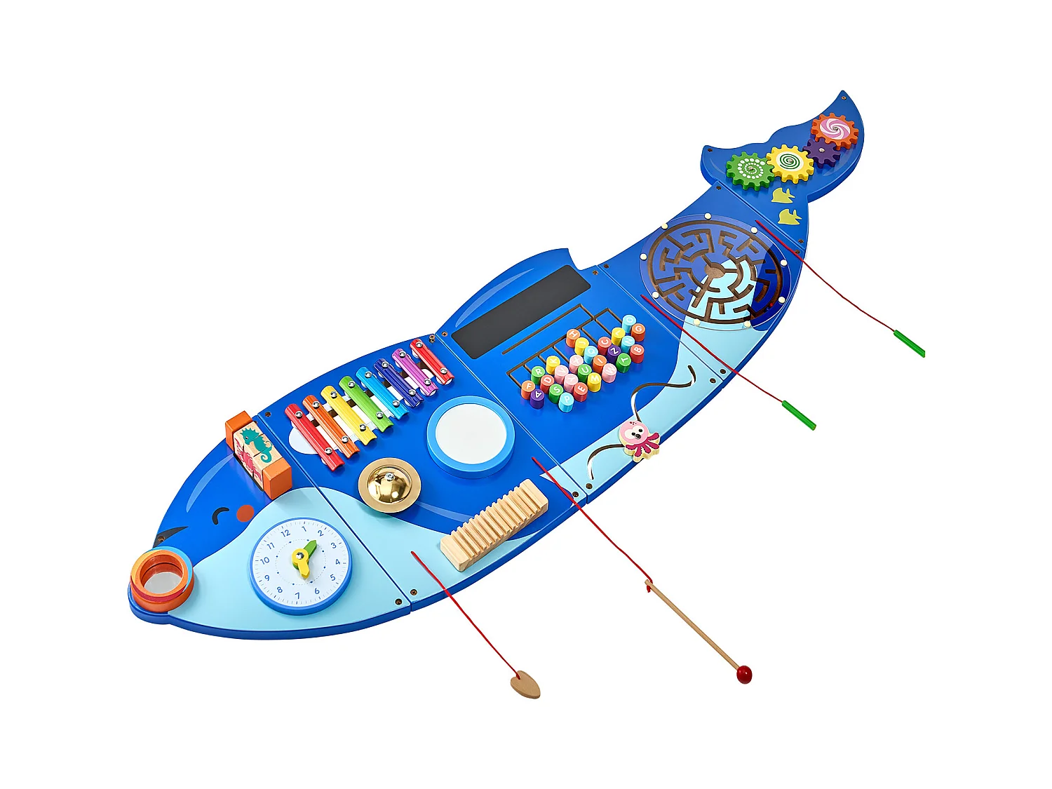 Aktivitäts-Spielwand SucceBuy Orca, Motorik-Board mit 12 Spielen, Montessori Sensorische Wandspiele für Kinder 3-12 Jahre