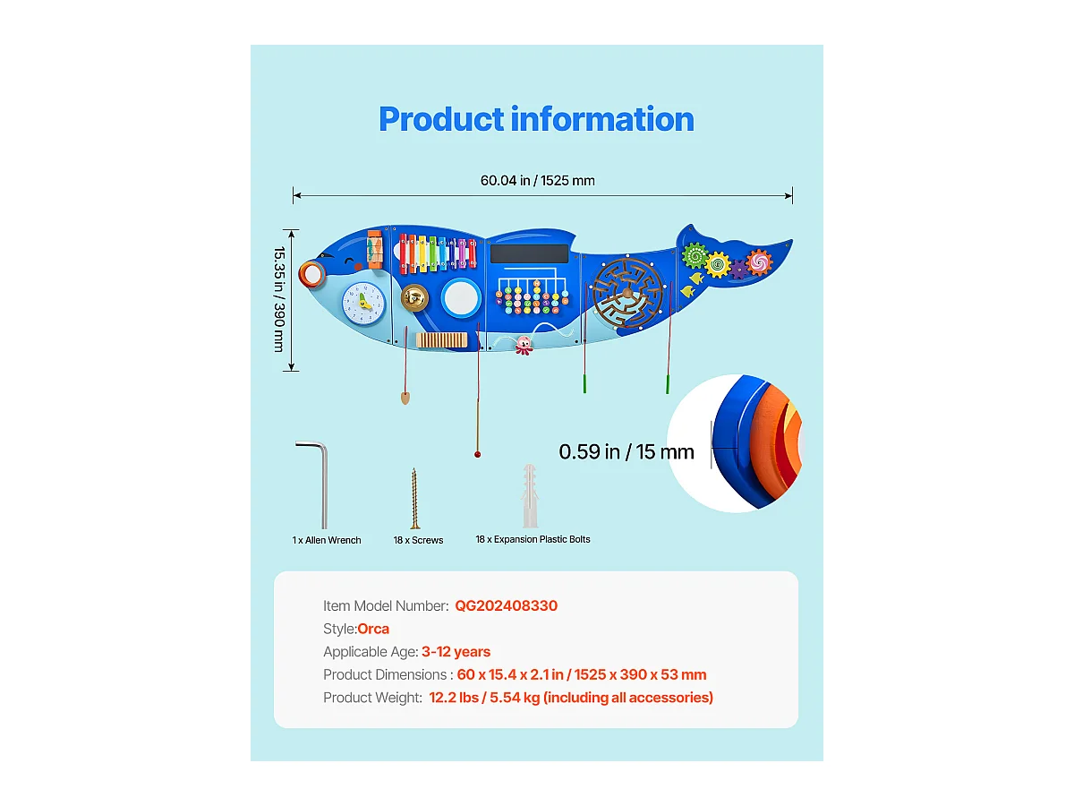 Aktivitäts-Spielwand SucceBuy Orca, Motorik-Board mit 12 Spielen, Montessori Sensorische Wandspiele für Kinder 3-12 Jahre