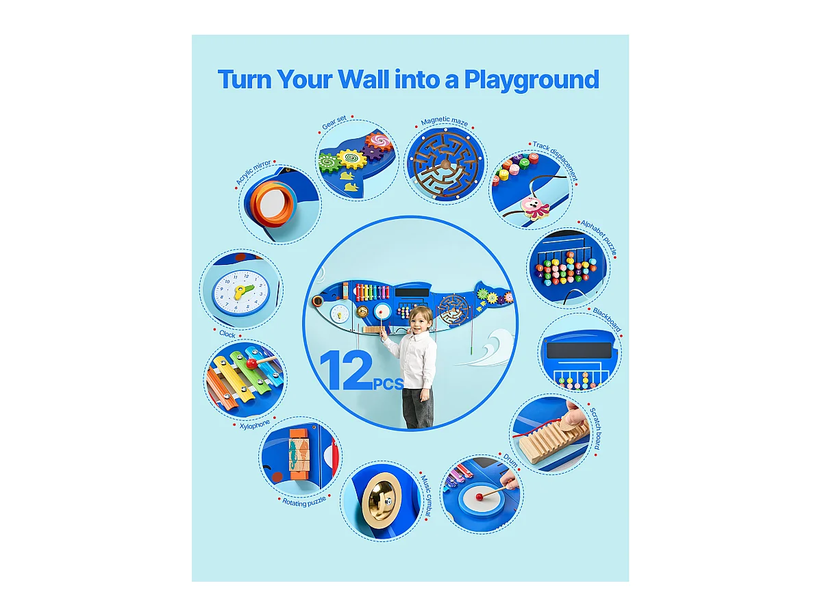 Aktivitäts-Spielwand SucceBuy Orca, Motorik-Board mit 12 Spielen, Montessori Sensorische Wandspiele für Kinder 3-12 Jahre