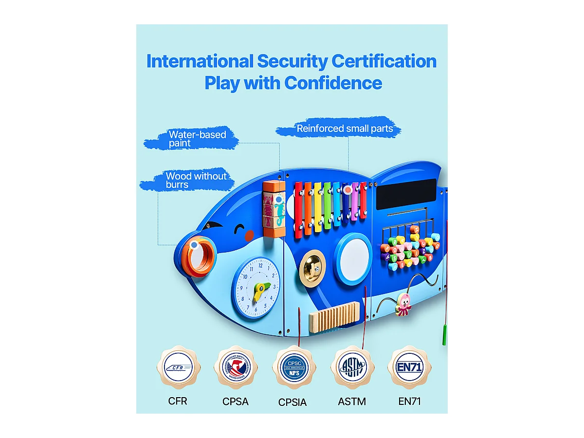 Aktivitäts-Spielwand SucceBuy Orca, Motorik-Board mit 12 Spielen, Montessori Sensorische Wandspiele für Kinder 3-12 Jahre