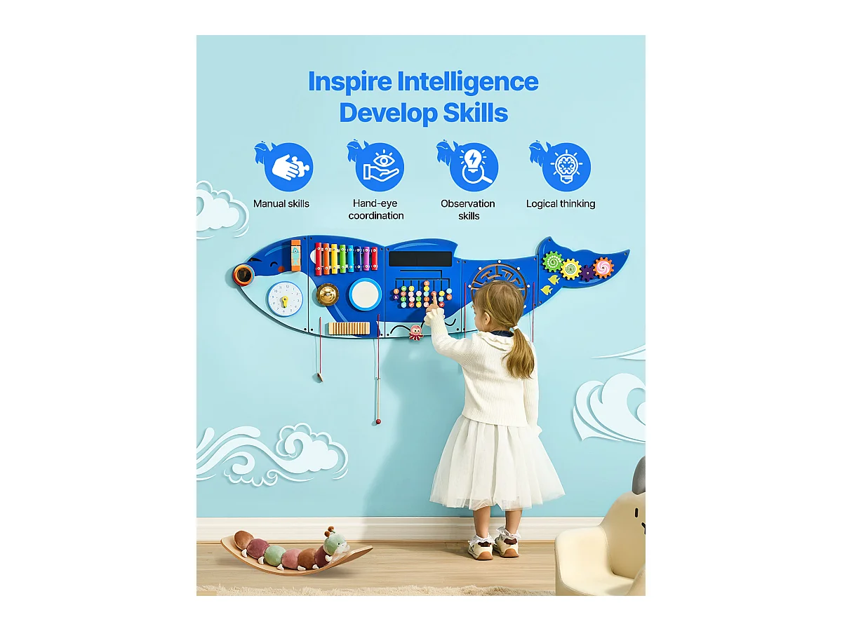 Aktivitäts-Spielwand SucceBuy Orca, Motorik-Board mit 12 Spielen, Montessori Sensorische Wandspiele für Kinder 3-12 Jahre