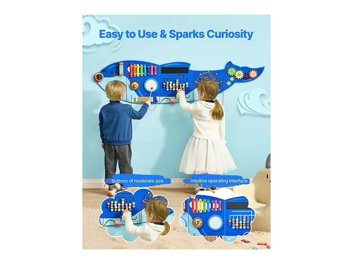 Aktivitäts-Spielwand SucceBuy Orca, Motorik-Board mit 12 Spielen, Montessori Sensorische Wandspiele für Kinder 3-12 Jahre