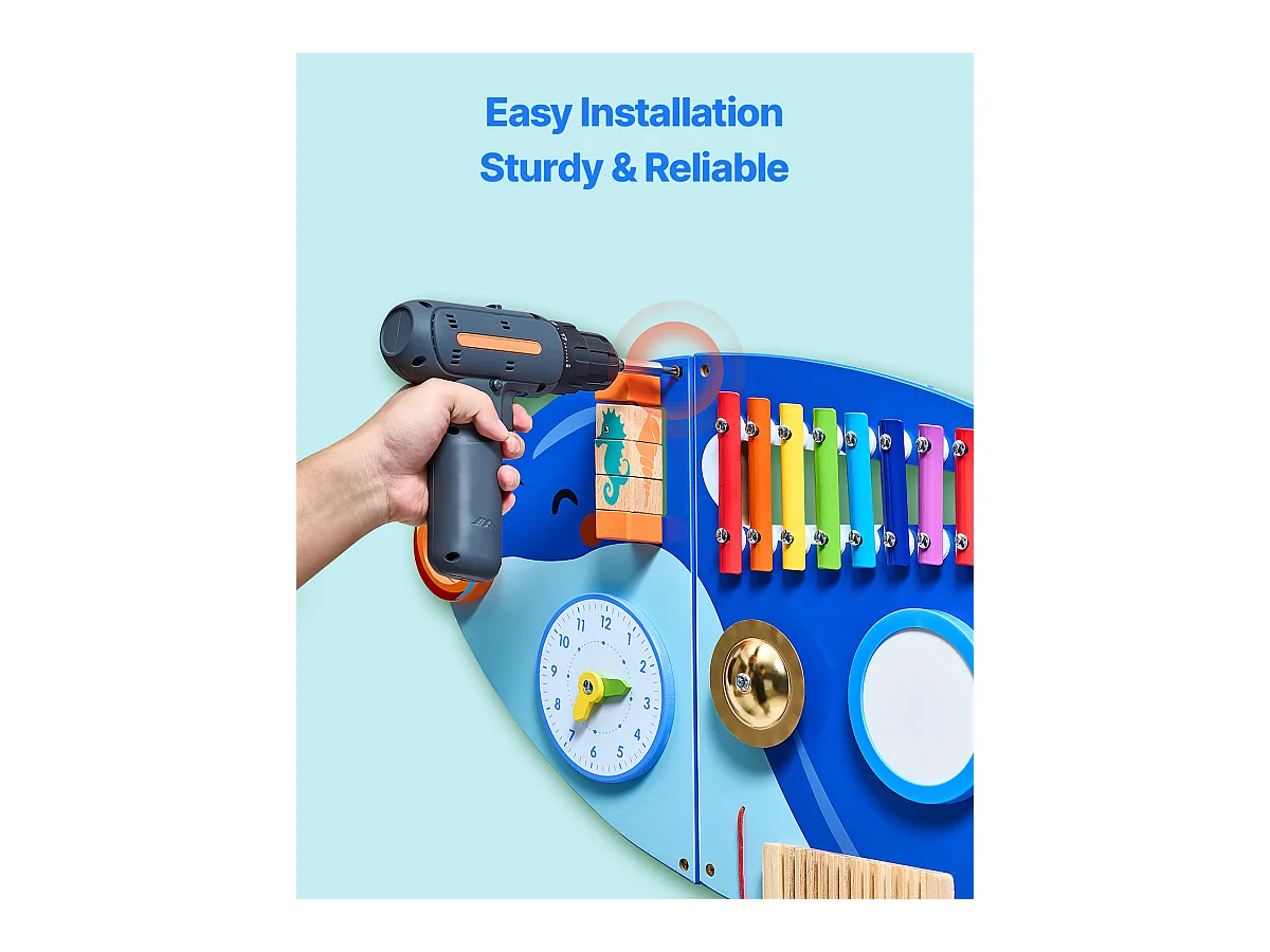 Aktivitäts-Spielwand SucceBuy Orca, Motorik-Board mit 12 Spielen, Montessori Sensorische Wandspiele für Kinder 3-12 Jahre