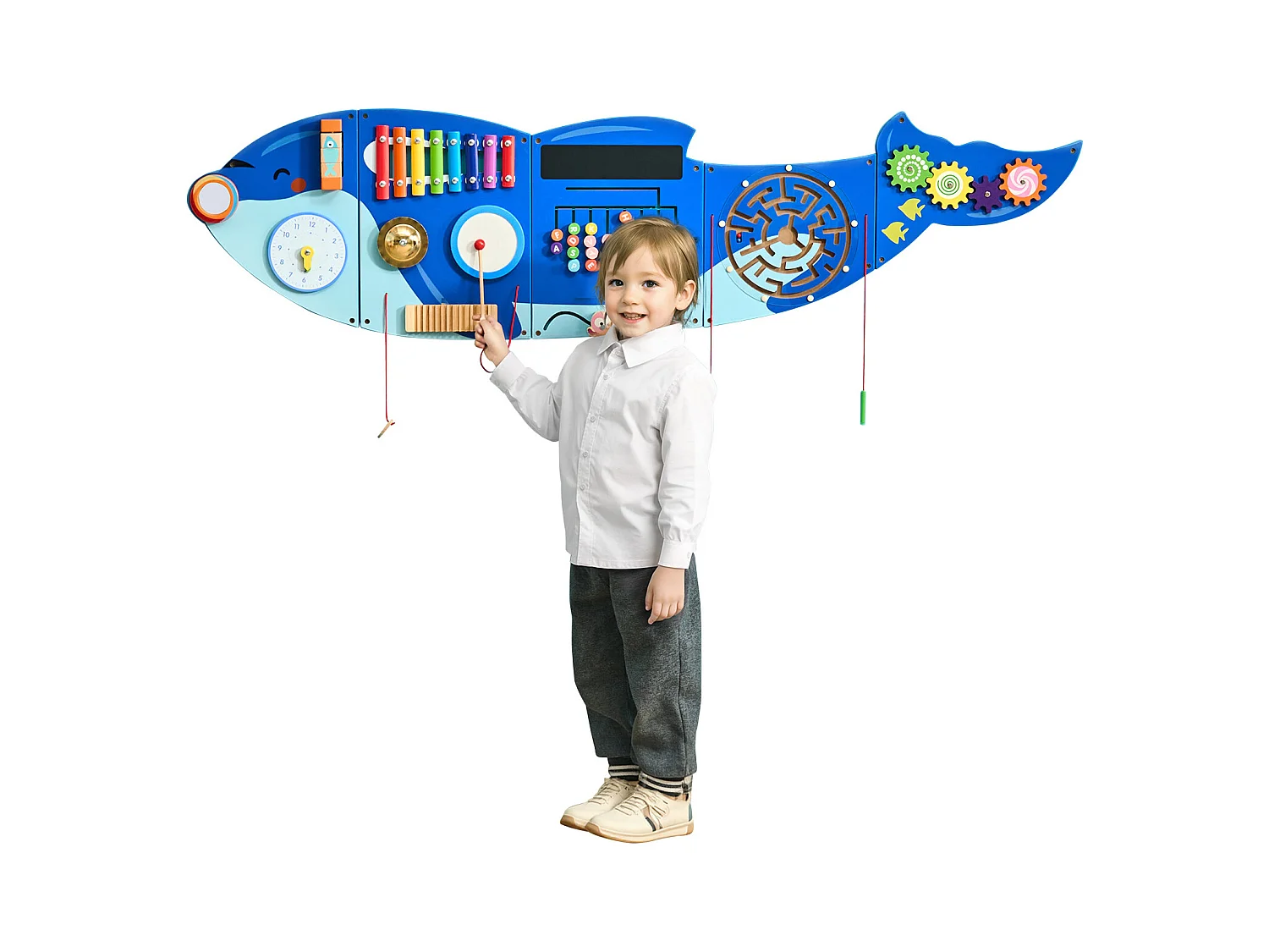 Aktivitäts-Spielwand SucceBuy Orca, Motorik-Board mit 12 Spielen, Montessori Sensorische Wandspiele für Kinder 3-12 Jahre
