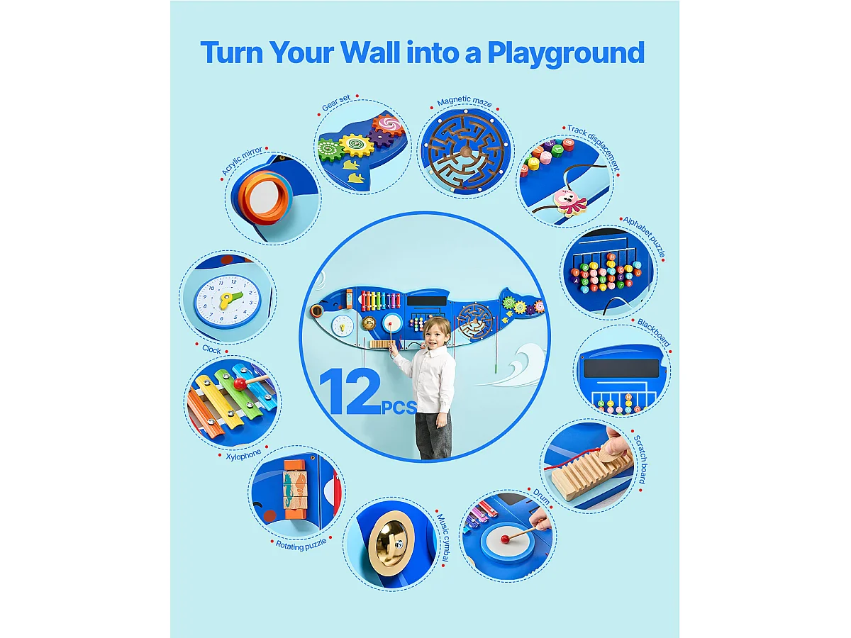 Tableau de Jeu Mural SucceBuy d'Activités Orca, Tableau de Motricité avec 12 Jeux, Jouet Mural Sensoriel Montessori pour Enfants de 3 à 12 Ans