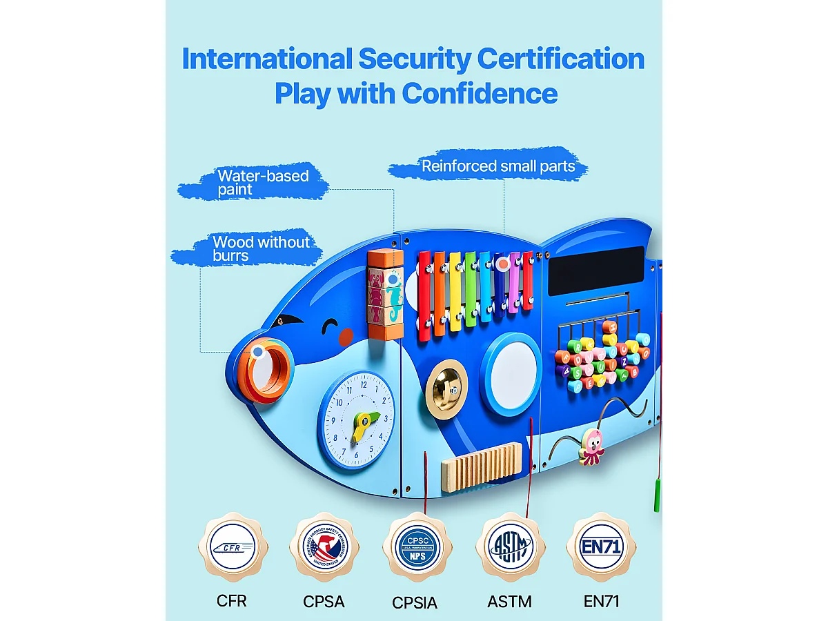 Tableau de Jeu Mural SucceBuy d'Activités Orca, Tableau de Motricité avec 12 Jeux, Jouet Mural Sensoriel Montessori pour Enfants de 3 à 12 Ans