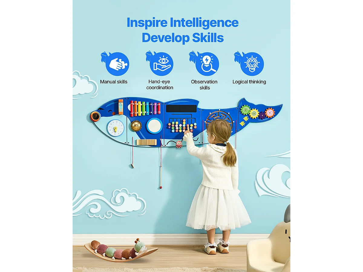 Tableau de Jeu Mural SucceBuy d'Activités Orca, Tableau de Motricité avec 12 Jeux, Jouet Mural Sensoriel Montessori pour Enfants de 3 à 12 Ans