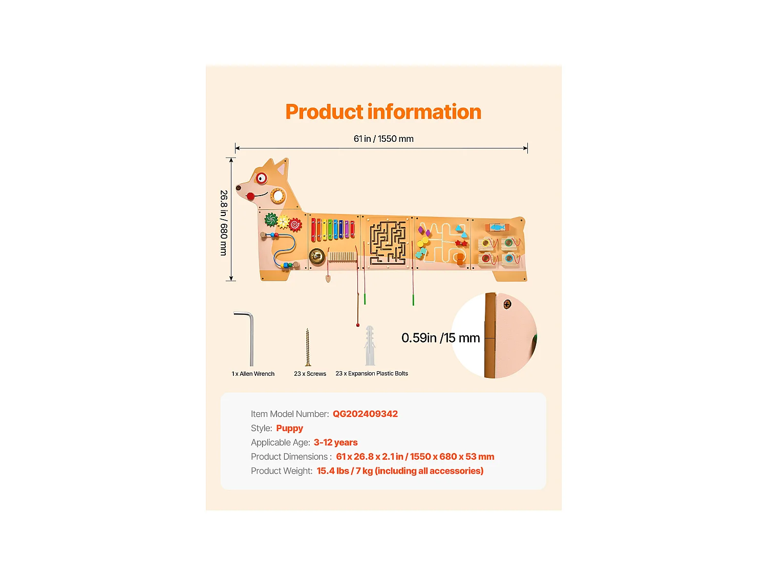Muro de Actividades SucceBuy con Diseño de Cachorro – Panel de Juego con 12 Juegos de Motricidad, Juguete de Pared Sensorial Montessori para Niños de 3 a 12 Años