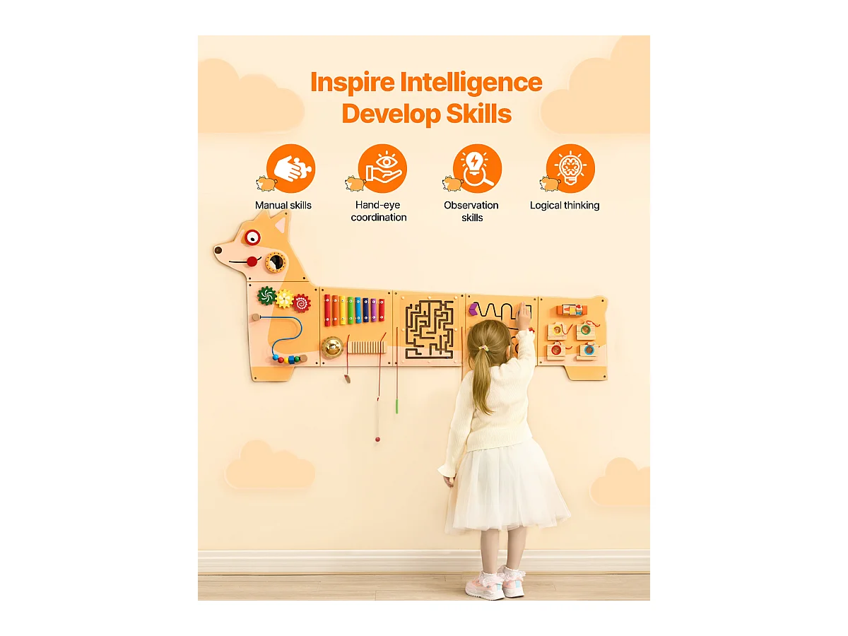 Muro de Actividades SucceBuy con Diseño de Cachorro – Panel de Juego con 12 Juegos de Motricidad, Juguete de Pared Sensorial Montessori para Niños de 3 a 12 Años