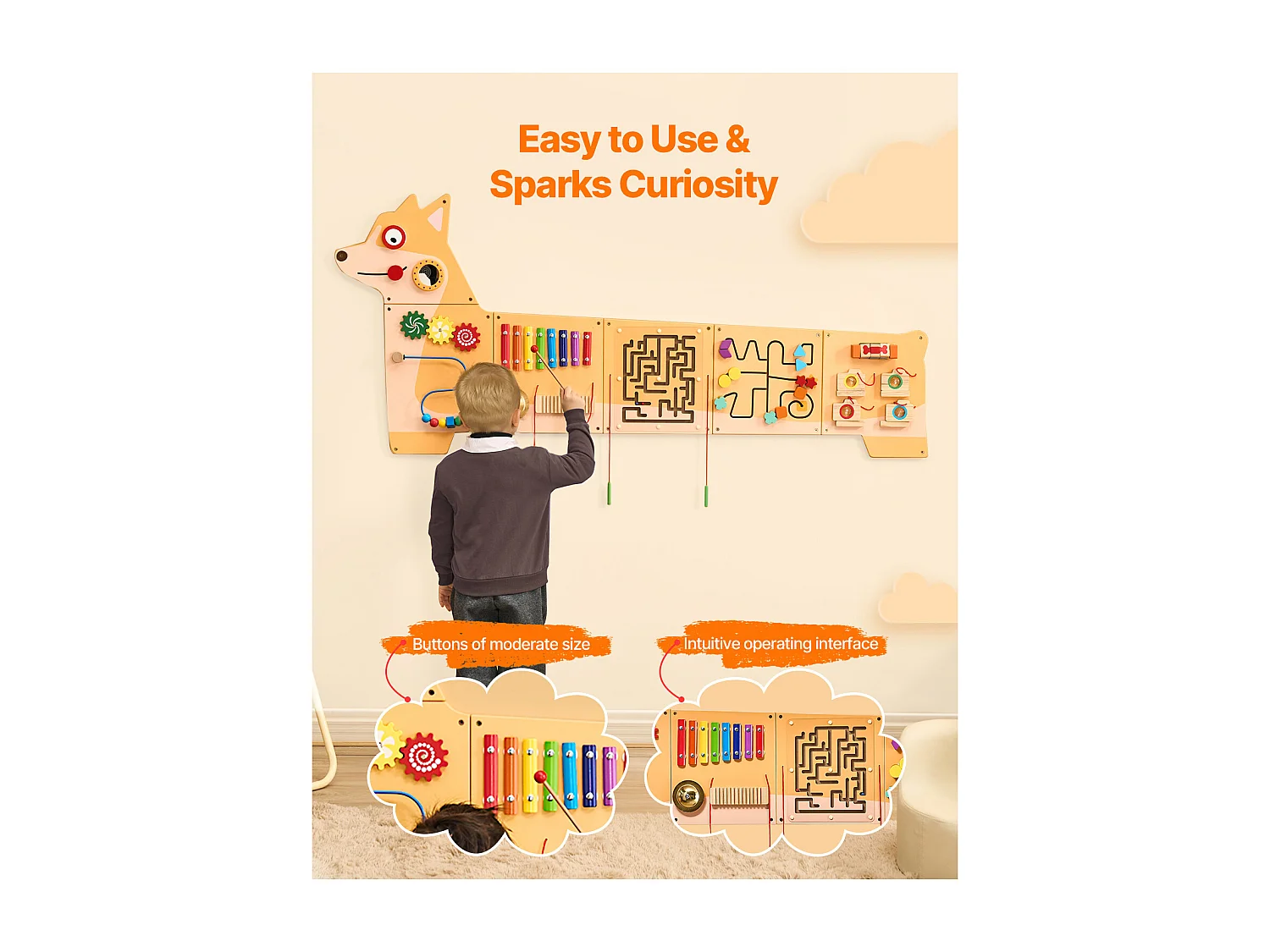 Parede de Atividades SucceBuy com Design de Cachorro – Tabuleiro de Jogo com 12 Jogos , Brinquedo de Parede Sensorial Montessori para Crianças 3-12 Anos