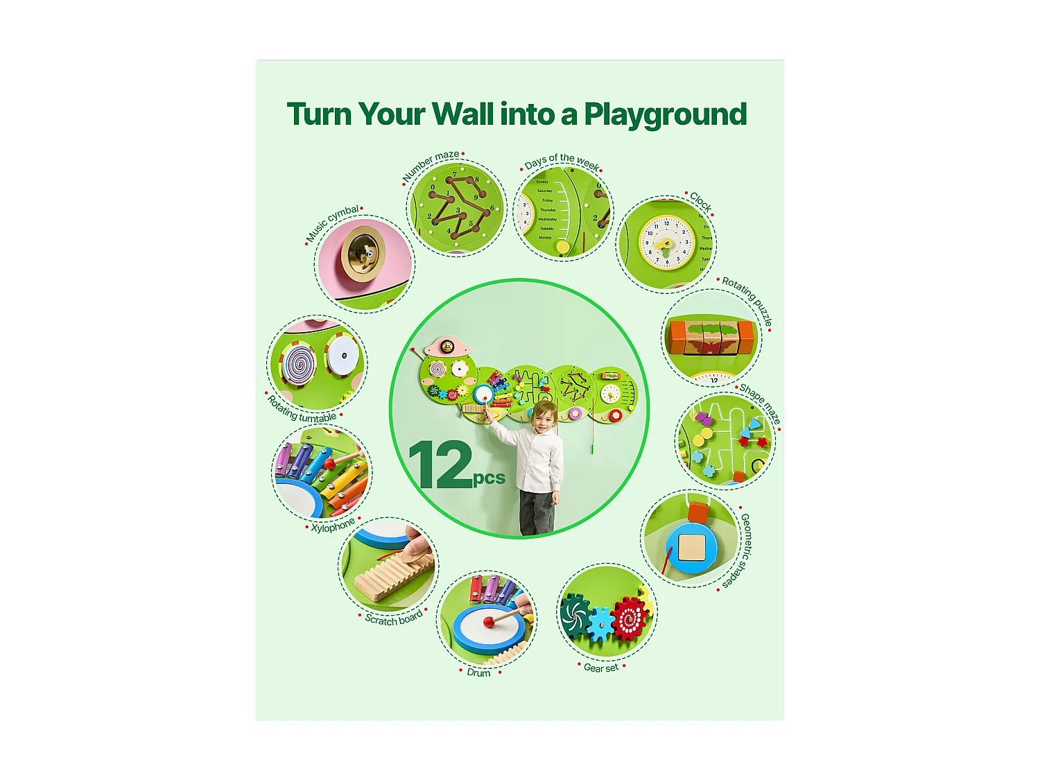 Painéis de Parede SucceBuy de Atividades Caterpillar com 12 Funções de Jogo Sensorial, Brinquedo Sensorial Montessori para Crianças 3-12 Anos