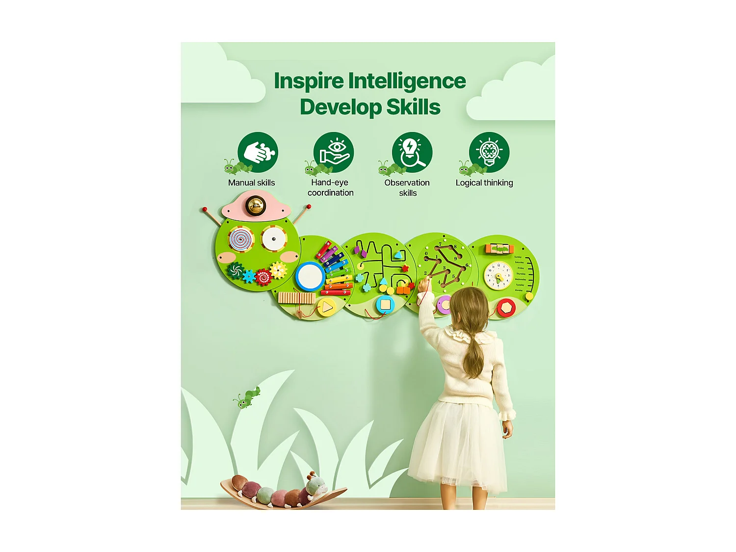 Painéis de Parede SucceBuy de Atividades Caterpillar com 12 Funções de Jogo Sensorial, Brinquedo Sensorial Montessori para Crianças 3-12 Anos