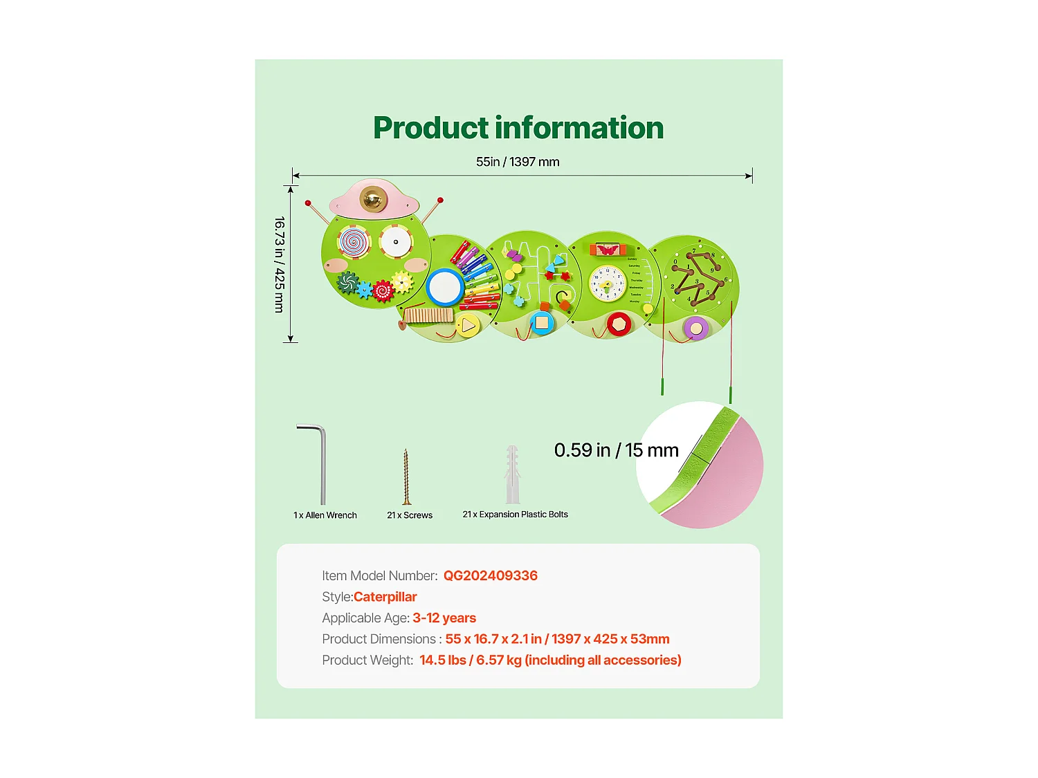 Panneaux Muraux SucceBuy d'Activités Caterpillar avec 12 Fonctions de Jeu Sensoriel, Jouet Sensoriel Montessori pour Enfants de 3 à 12 Ans