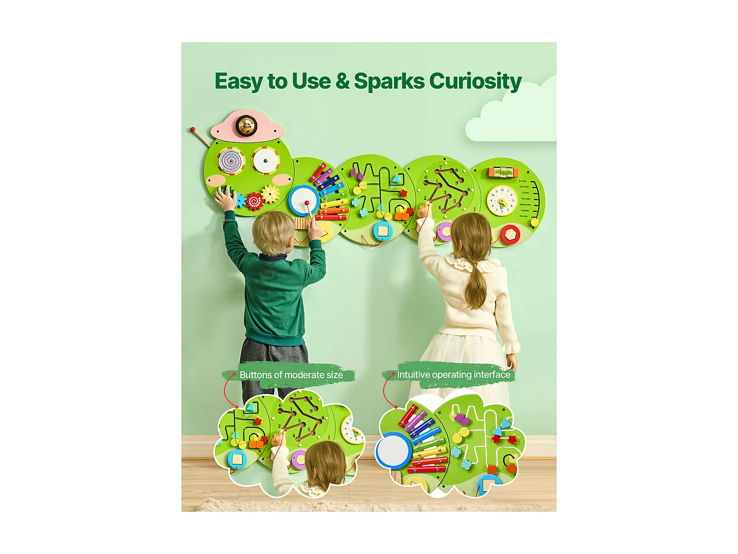 Panneaux Muraux SucceBuy d'Activités Caterpillar avec 12 Fonctions de Jeu Sensoriel, Jouet Sensoriel Montessori pour Enfants de 3 à 12 Ans