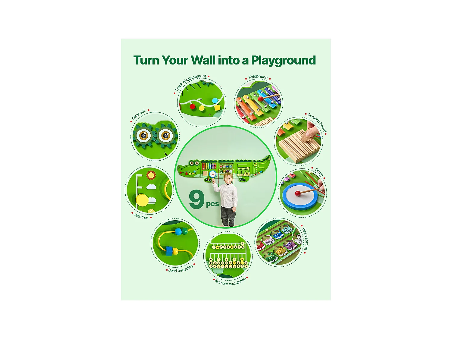Jeu Mural de Motricité SucceBuy, Tableau d'Activités Crocodile avec 9 Jeux, Jouet Mural Sensoriel Montessori pour Enfants de 3 à 12 Ans