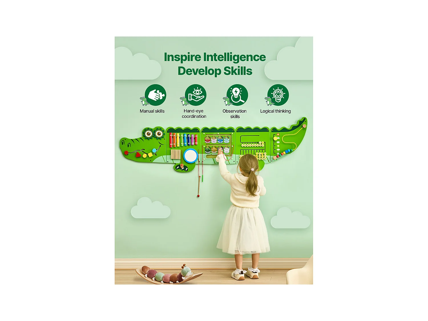 Jeu Mural de Motricité SucceBuy, Tableau d'Activités Crocodile avec 9 Jeux, Jouet Mural Sensoriel Montessori pour Enfants de 3 à 12 Ans