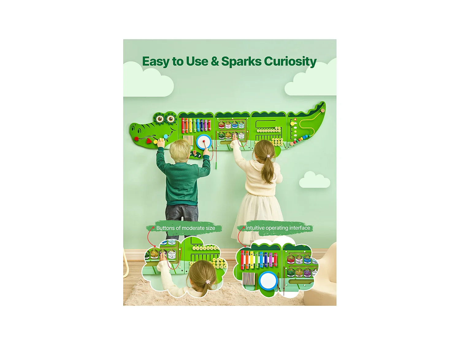 Jeu Mural de Motricité SucceBuy, Tableau d'Activités Crocodile avec 9 Jeux, Jouet Mural Sensoriel Montessori pour Enfants de 3 à 12 Ans