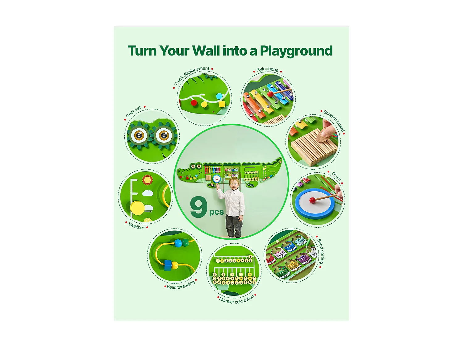 Jeu Mural de Motricité SucceBuy, Tableau d'Activités Crocodile avec 9 Jeux, Jouet Mural Sensoriel Montessori pour Enfants de 3 à 12 Ans