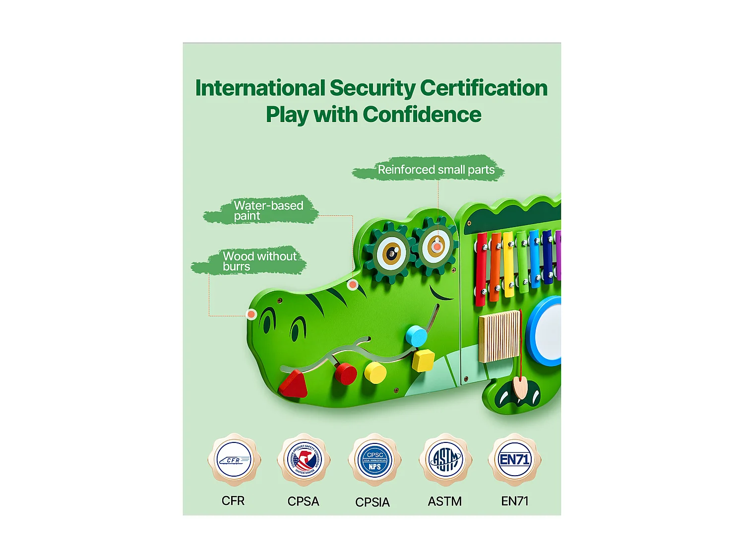 Jeu Mural de Motricité SucceBuy, Tableau d'Activités Crocodile avec 9 Jeux, Jouet Mural Sensoriel Montessori pour Enfants de 3 à 12 Ans