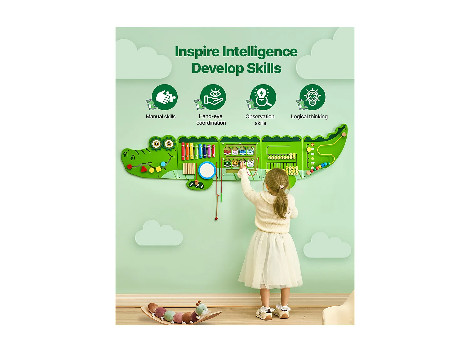 Jeu Mural de Motricité SucceBuy, Tableau d'Activités Crocodile avec 9 Jeux, Jouet Mural Sensoriel Montessori pour Enfants de 3 à 12 Ans