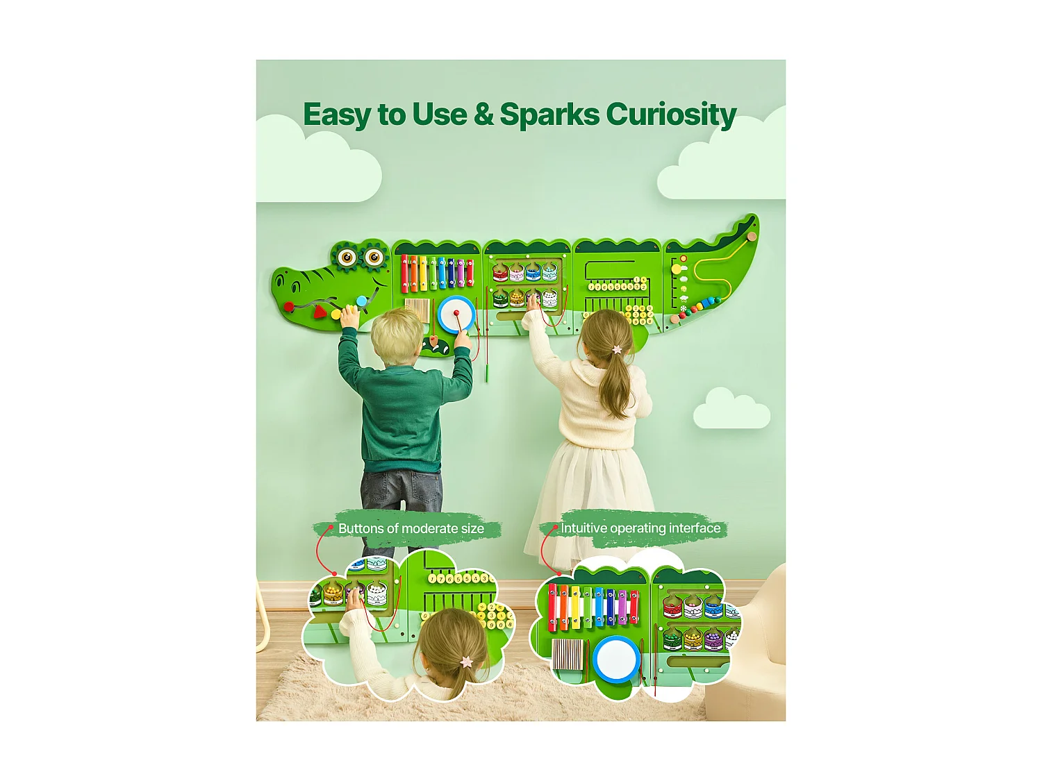 Jeu Mural de Motricité SucceBuy, Tableau d'Activités Crocodile avec 9 Jeux, Jouet Mural Sensoriel Montessori pour Enfants de 3 à 12 Ans