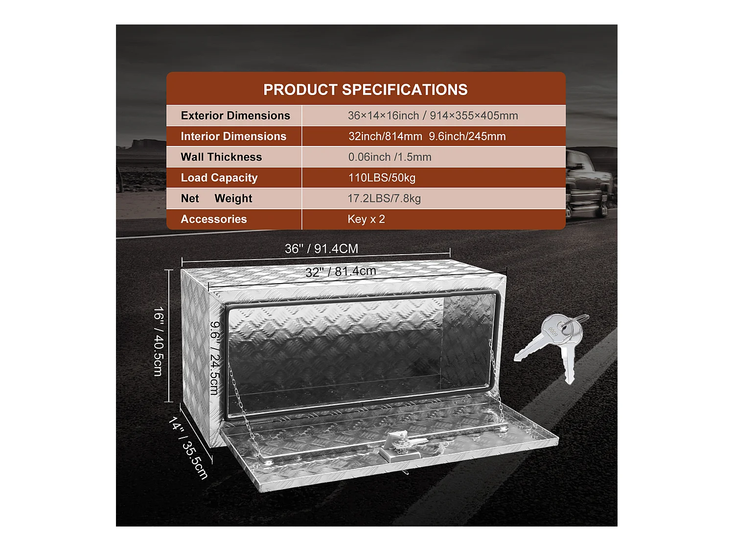 Boîte à Outils SucceBuy, pour Camions Coffre Sous-Châssis 91,4 x 35,5 x 40,5 cm en Alu