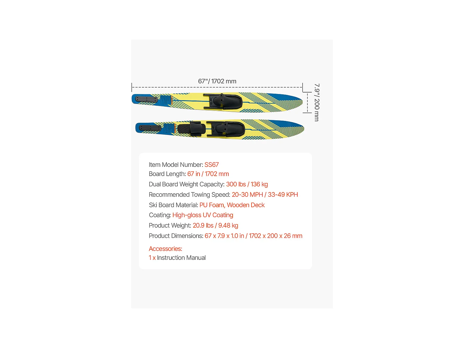 Combo Ski Nautique SucceBuy, 170,2 cm pour Adultes avec Fixations Réglables X-9 et Fermetures à Boucle