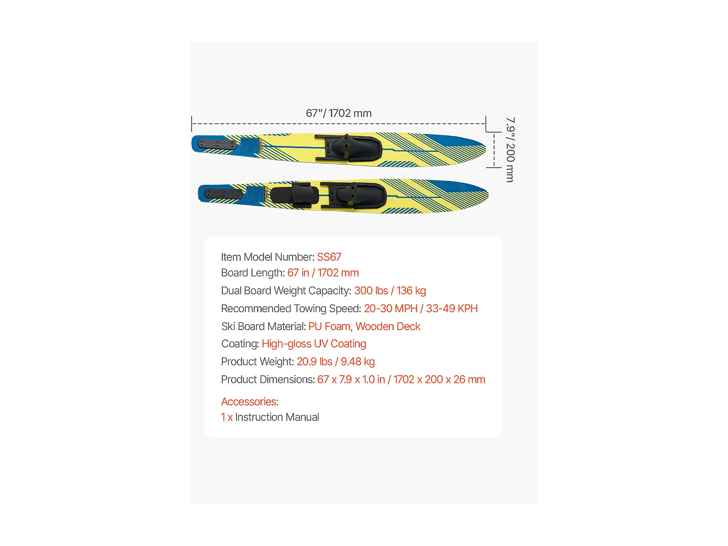 Combo Ski Nautique SucceBuy, 170,2 cm pour Adultes avec Fixations Réglables X-9 et Fermetures à Boucle