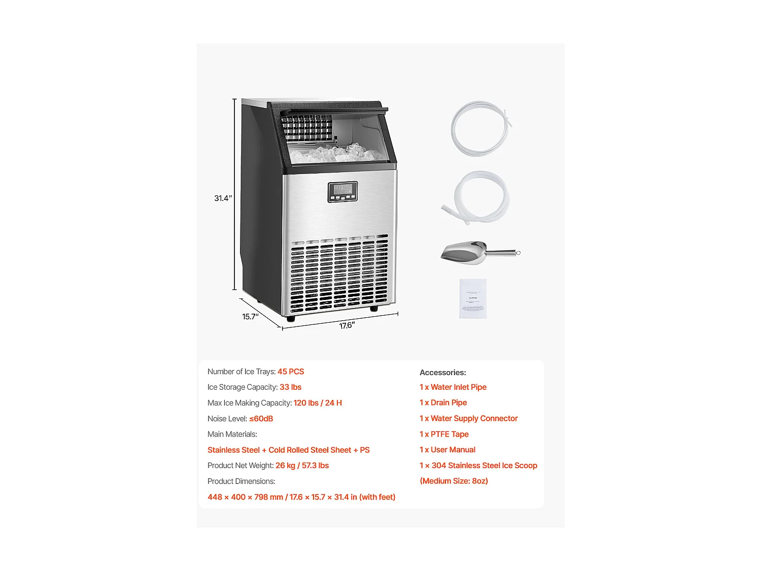 Machine à Glaçons SucceBuy, Capacité de 54,4 kg/24 h, 45 Glaçons, pour Maison, Cafés, Bars, ou Restaurants