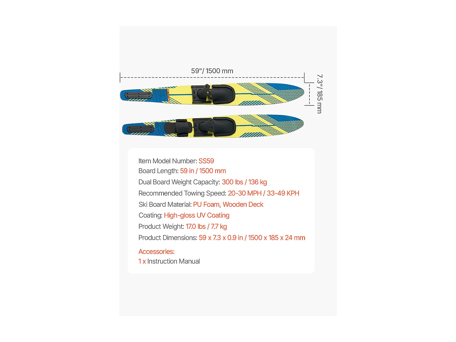 Combo Waterski SucceBuy, 150 cm voor Volwassenen met Instelbare Bevestigingen X-7 en Gespsluitingen