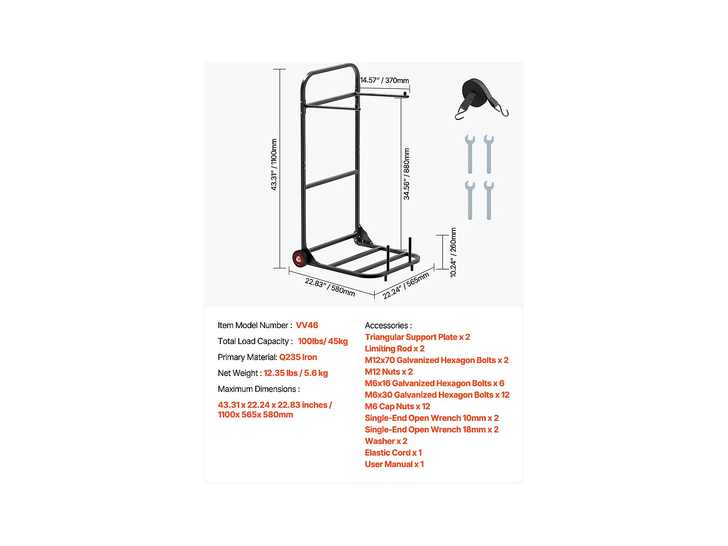 Chariot Support Porte Chaise Pliante SucceBuy, pour 10 Chaises, Charge 45kg à Pousser