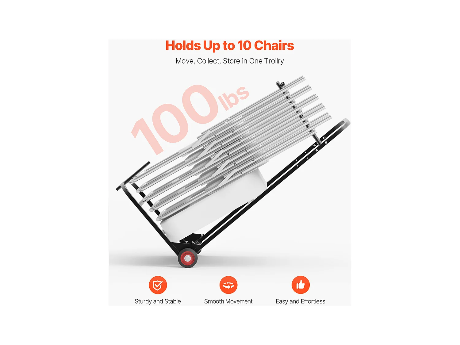 Chariot Support Porte Chaise Pliante SucceBuy, pour 10 Chaises, Charge 45kg à Pousser