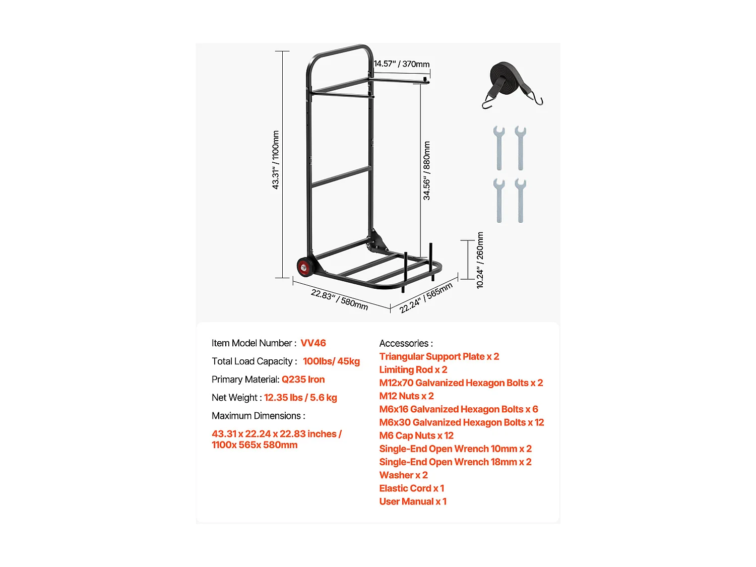 Chariot Support Porte Chaise Pliante SucceBuy, pour 10 Chaises, Charge 45kg à Pousser