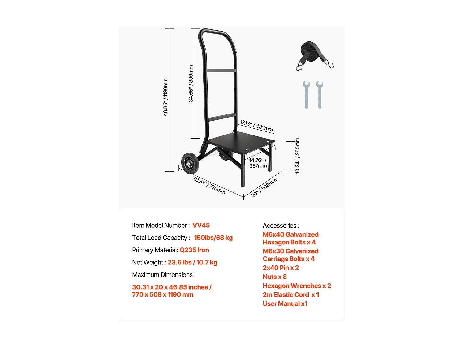 Chariot Support Porte Chaise Pliante SucceBuy, pour 10 Chaises, Charge 68kg à Pousser