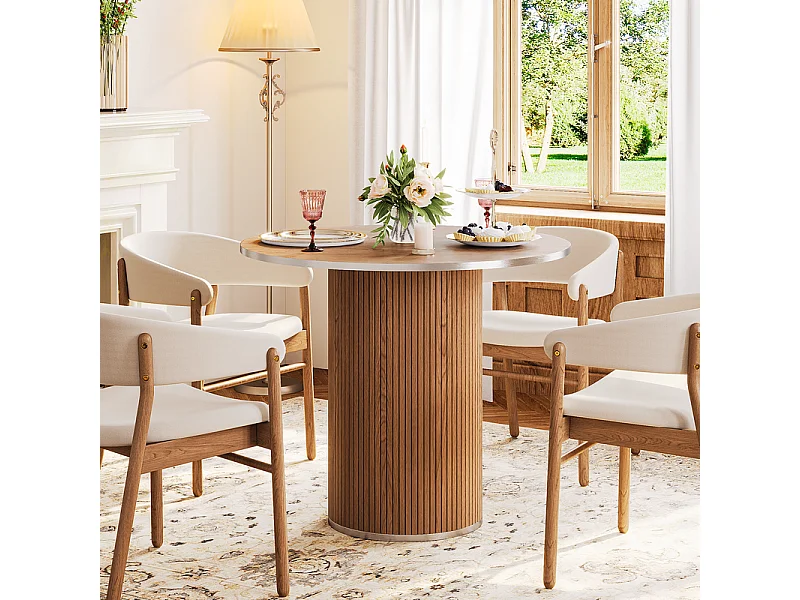 Table à manger ronde 80 cm, avec base cylindrique en bois, 4 Personnes, charge max 272kg, Marron Chocolat