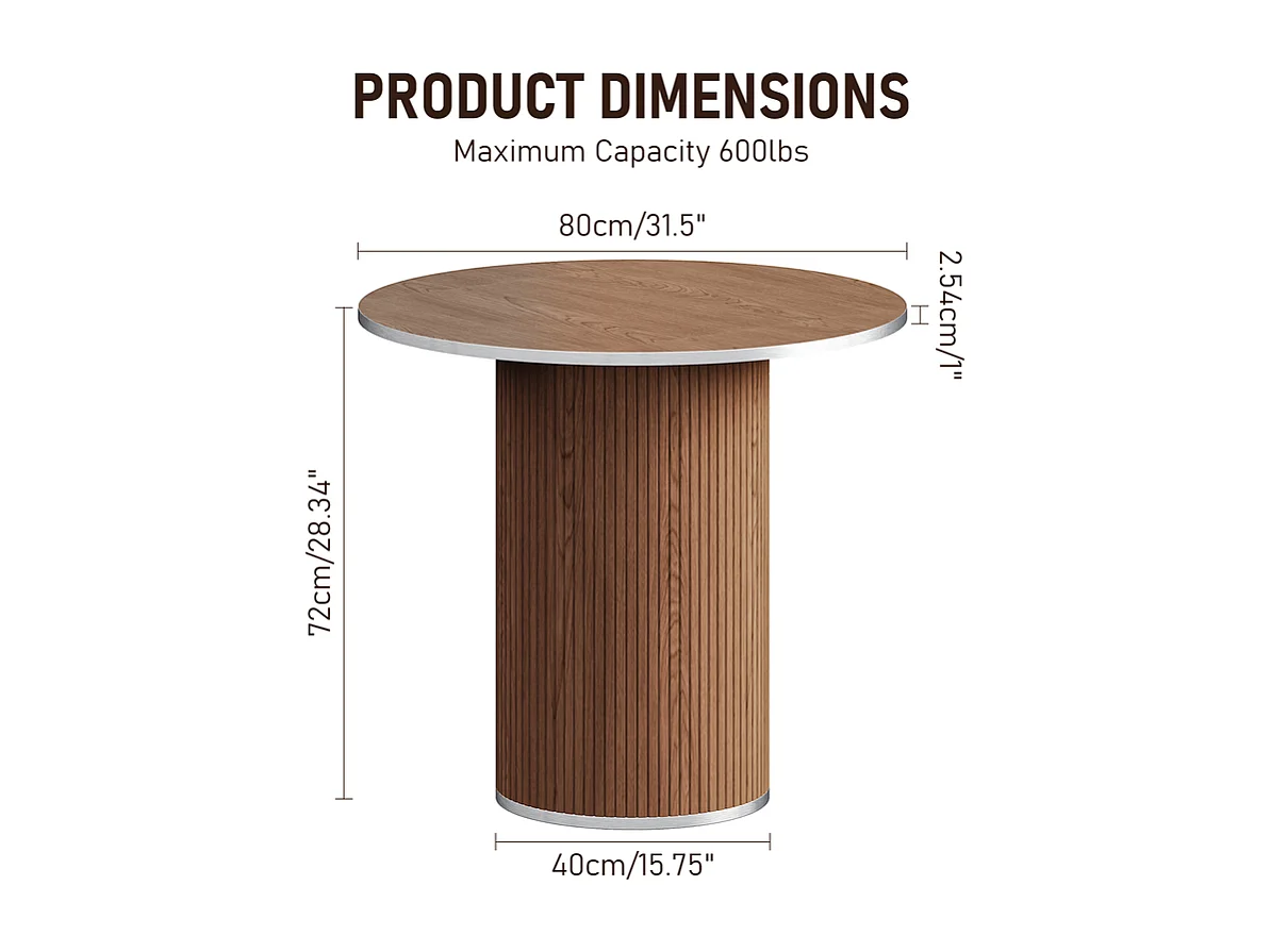 Table à manger ronde 80 cm, avec base cylindrique en bois, 4 Personnes, charge max 272kg, Marron Chocolat