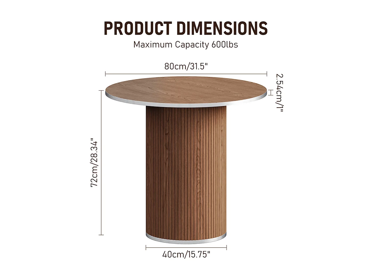 Table à manger ronde 80 cm, avec base cylindrique en bois, 4 Personnes, charge max 272kg, Marron Chocolat
