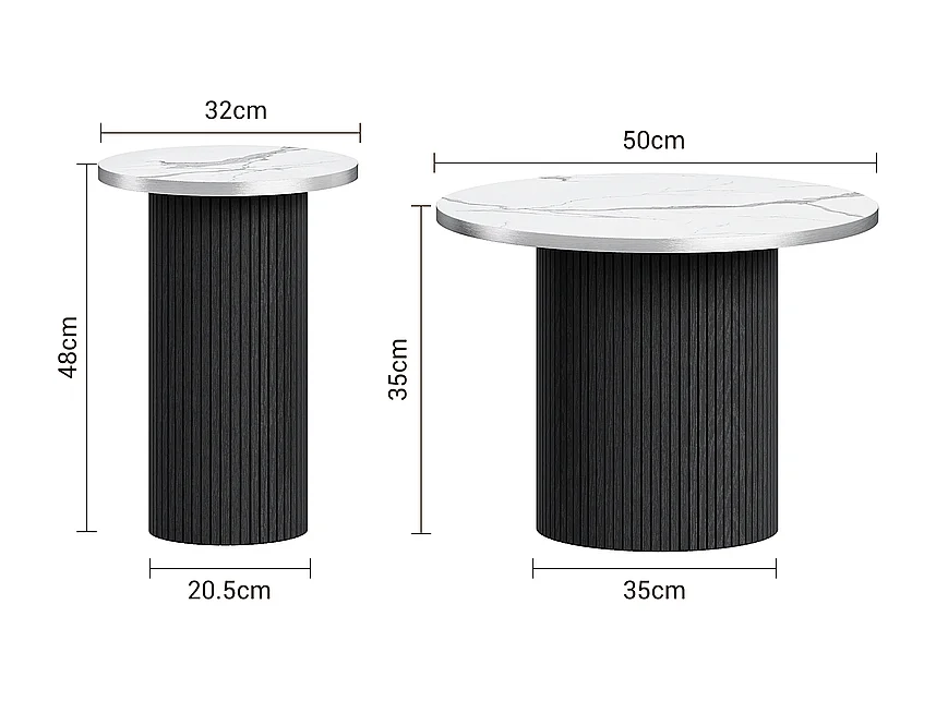 Lot de 2 Tables basses rondes - base de colonne romaine - placage marbre - Noir