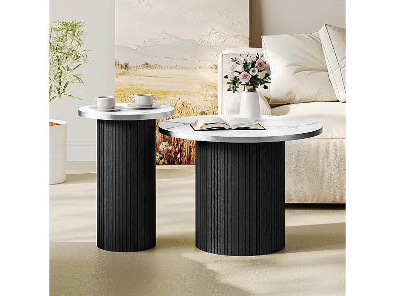 Lot de 2 Tables basses rondes - base de colonne romaine - placage marbre - Noir