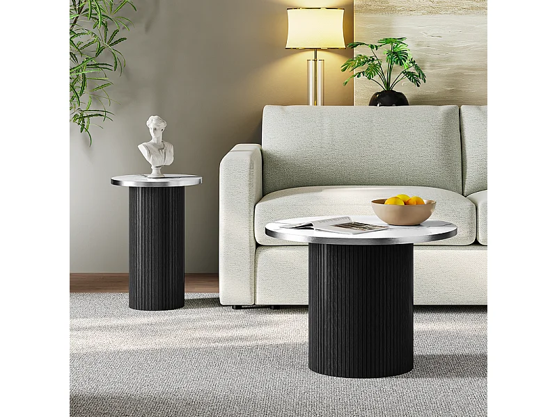 Lot de 2 Tables basses rondes - base de colonne romaine - placage marbre - Noir
