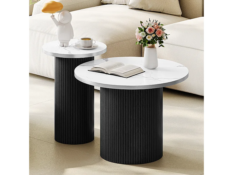 Lot de 2 Tables basses rondes - base de colonne romaine - placage marbre - Noir