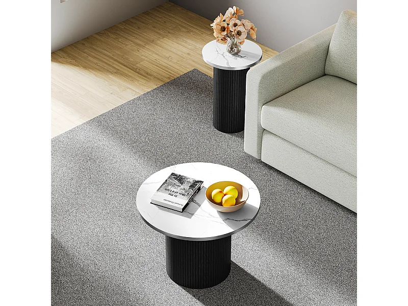 Lot de 2 Tables basses rondes - base de colonne romaine - placage marbre - Noir