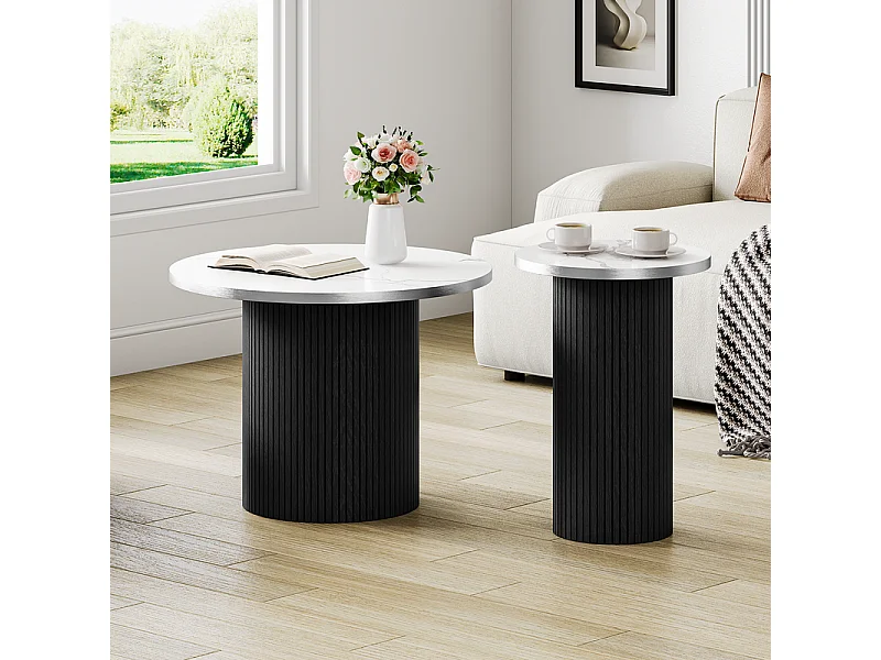 Lot de 2 Tables basses rondes - base de colonne romaine - placage marbre - Noir