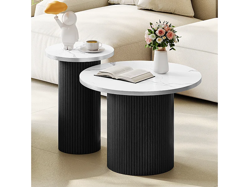 Lot de 2 Tables basses rondes - base de colonne romaine - placage marbre - Noir